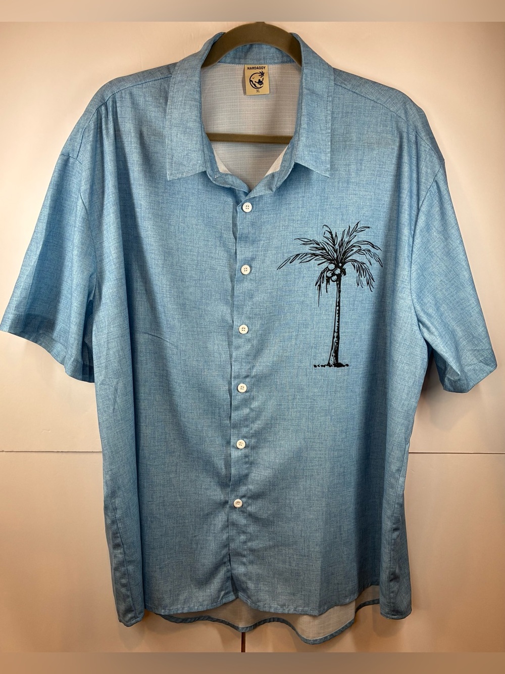 HARDADDY Men’s XL Light Blue Palm Tree Button Front Resort Hawaiian Shirt